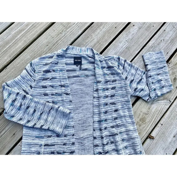 Nic + Zoe Medium Gray Blue Open Front Duster Cardigan Sweater Boho Women Geo - Picture 3 of 13